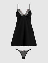 House of Desire Ilena Embroidered Tulle Wireless Babydoll & G-string Set Black / Crimson Red