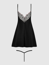 House of Desire Queen Ilena Embroidered Tulle Wireless Babydoll & G-string Set Black / Crimson Red