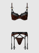 House of Desire Queen Devon Leopard and Lace 3 Piece Bra, Waist Garter & G-String Set - House of Desire