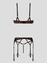 House of Desire Devon Leopard and Lace 3 Piece Bra, Waist Garter & G-String Set - House of Desire