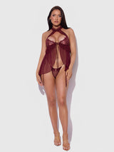 House of Desire Liliana Lace & Mesh Halter Babydoll Set Cabernet - House of Desire