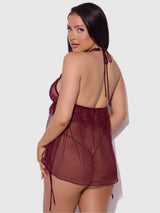 House of Desire Liliana Lace & Mesh Halter Babydoll Set Cabernet - House of Desire