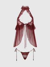 House of Desire Queen Liliana Lace & Mesh Halter Babydoll Set Cabernet - House of Desire