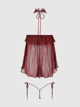 House of Desire Queen Liliana Lace & Mesh Halter Babydoll Set Cabernet - House of Desire