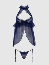 House of Desire Liliana Lace & Mesh Halter Babydoll Set Midnight Blue - House of Desire
