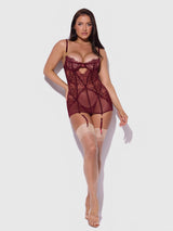 House of Desire Liliana Lace & Mesh Chemise Set Cabernet - House of Desire