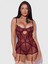 House of Desire Queen Liliana Lace & Mesh Chemise Set Cabernet - House of Desire