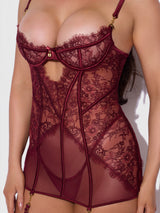 House of Desire Queen Liliana Lace & Mesh Chemise Set Cabernet - House of Desire