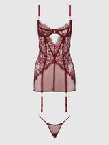 House of Desire Queen Liliana Lace & Mesh Chemise Set Cabernet - House of Desire