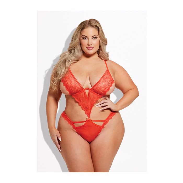 House of Desire Nadia Lace & Mesh Cutout Teddy Hot Orange