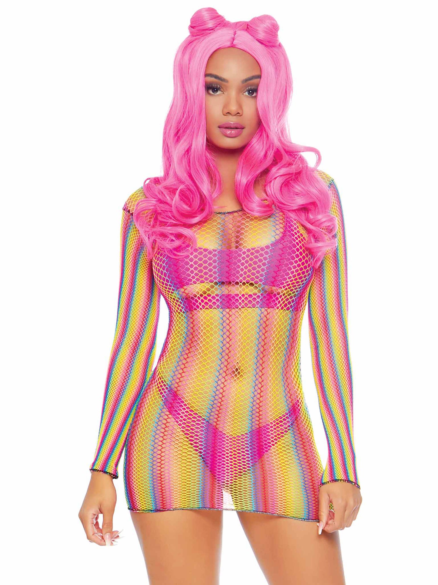 Leg Avenue Rainbow Fishnet Long Sleeved Mini Dress - One Size - Multicolor