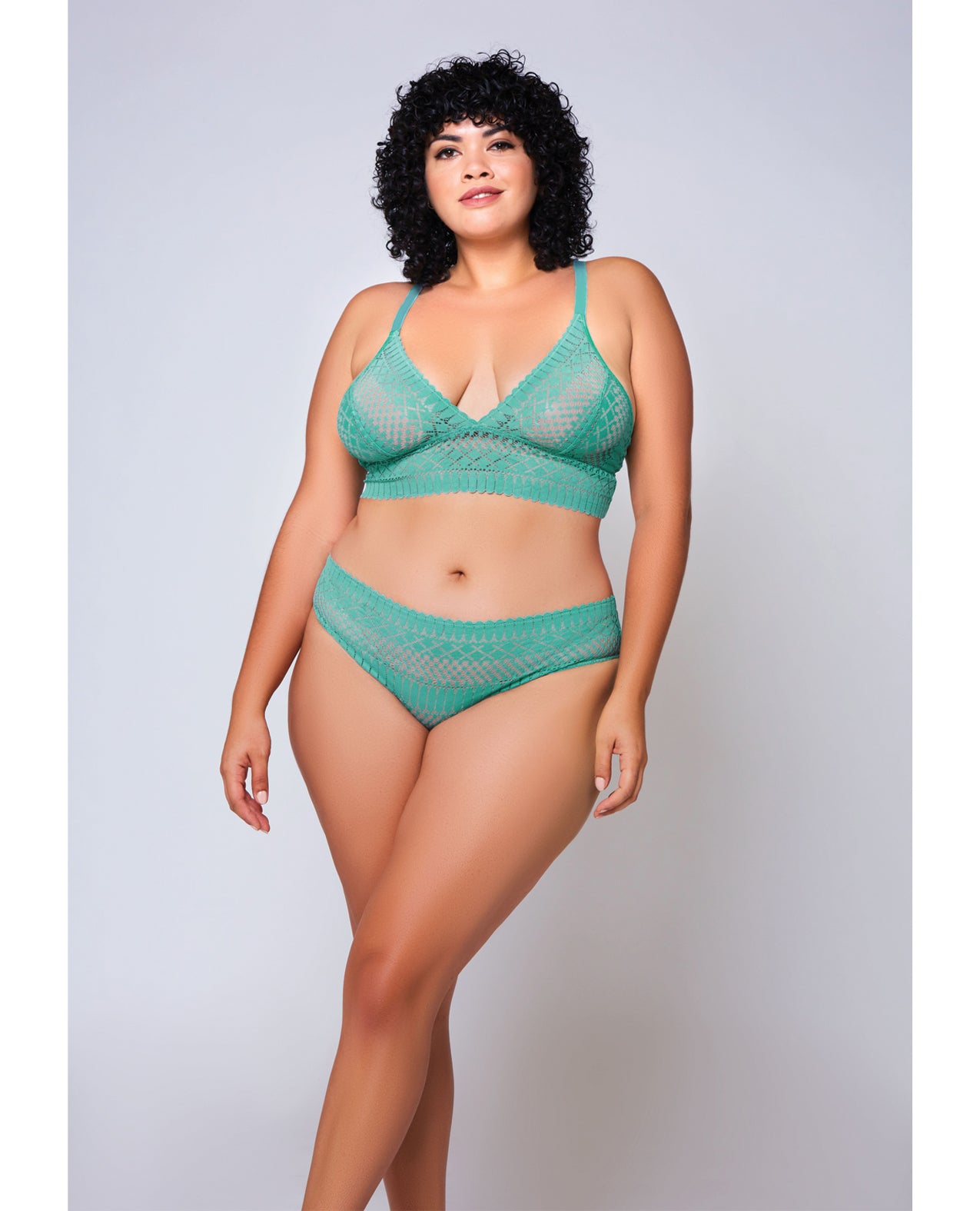 iCollection Queen Plus Geometric Lace Bralette & Hipster Panty Bra Set Teal