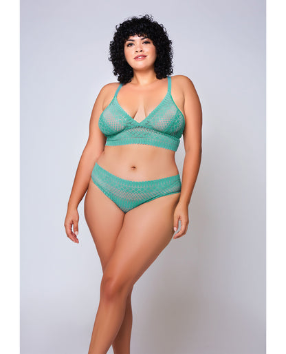 iCollection Queen Plus Geometric Lace Bralette & Hipster Panty Bra Set Teal