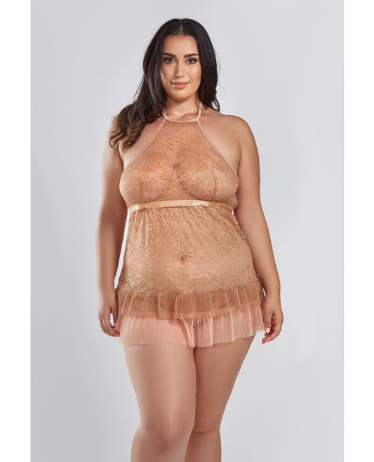 iCollection Queen Amber Halter Lace Babydoll Tiered Pleated Skirt & G-String Brown