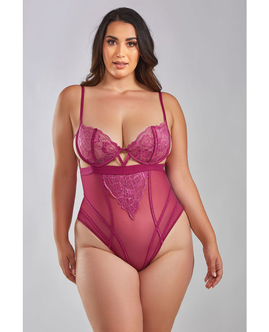 iCollection Queen Quinn Cross Dyed Galloon Lace & Mesh Teddy Wine