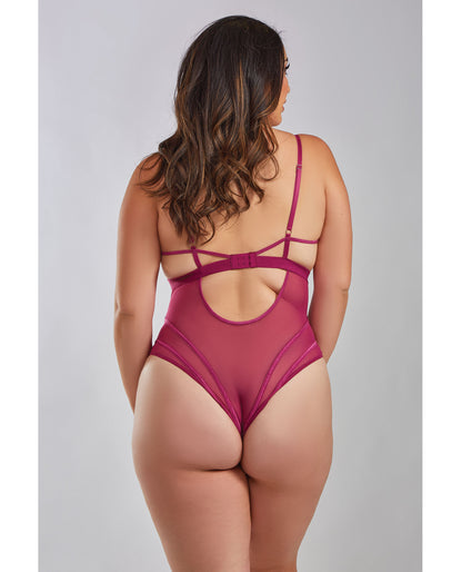 iCollection Queen Quinn Cross Dyed Galloon Lace & Mesh Teddy Wine