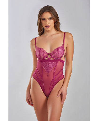 iCollection Quinn Cross Dyed Galloon Lace & Mesh Teddy Wine