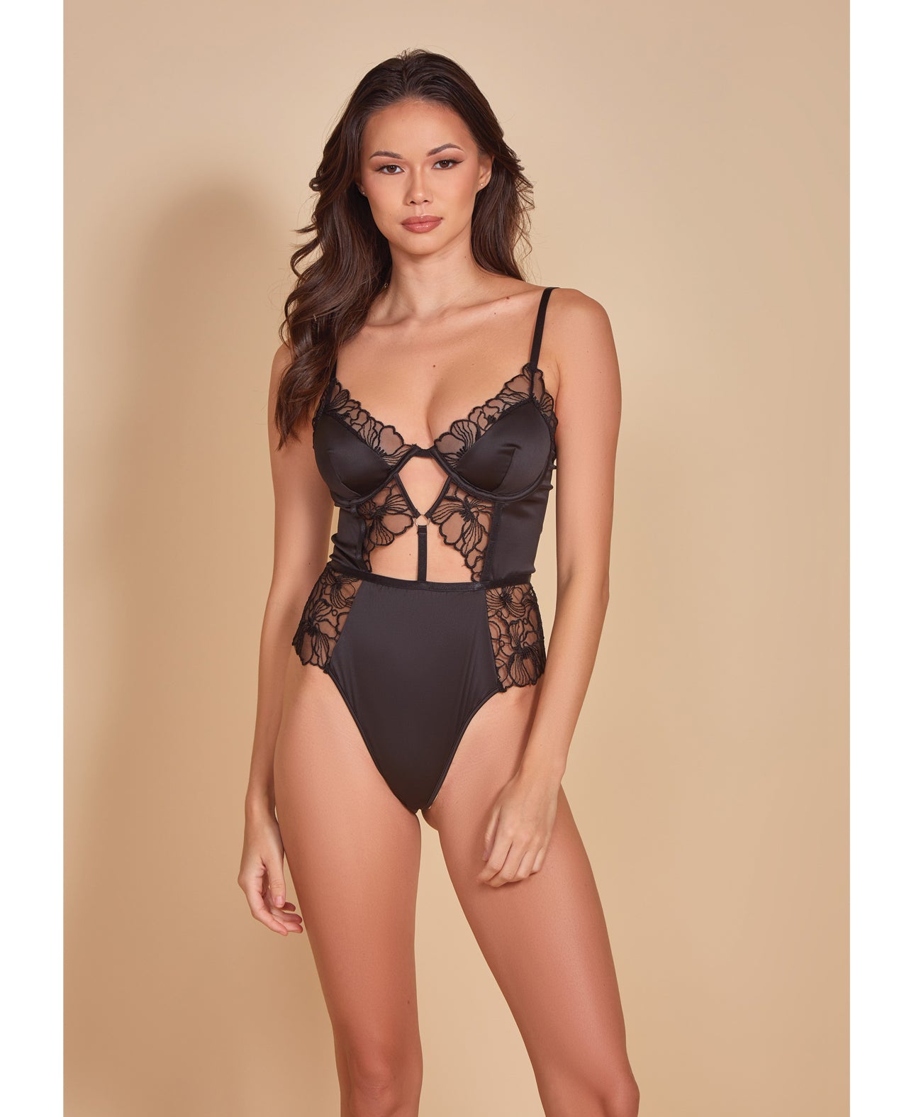 iCollection Hauty Thread Bare Satin & Embroidered Mesh Teddy Black