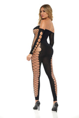 Pink Lipstick Be Bold Diamond Drippin Bodystocking - One Size - Black