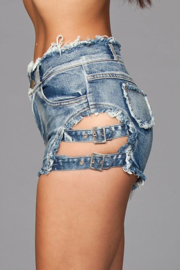 BeWicked Buckled Down Denim Shorts Medium Wash