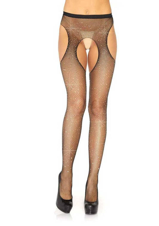 Leg Avenue Casey Rhinestone Fishnet Suspender Pantyhose - One Size - Black