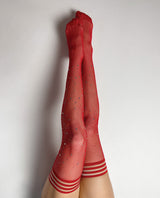 Kixies Joely Fishnet Rhinestone Thigh High Red