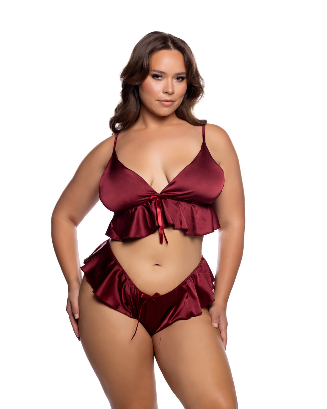Roma Confidential Queen Plus Stretch Satin Sweet Flutter Cami Set Wine