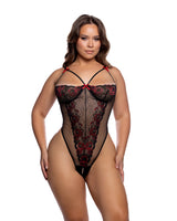 Roma Confidential Queen Plus Metallic Rose Crotchless Teddy Black/Red