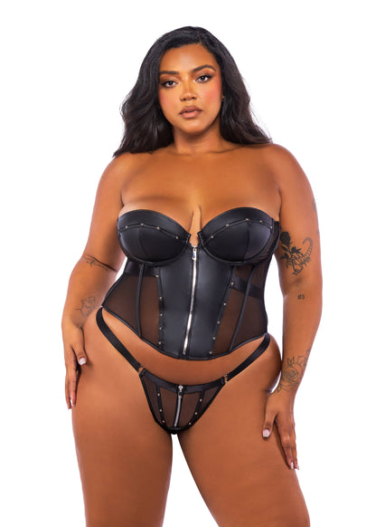 Roma Confidential Queen Lust & Faux Leather Corset Thong Set Black