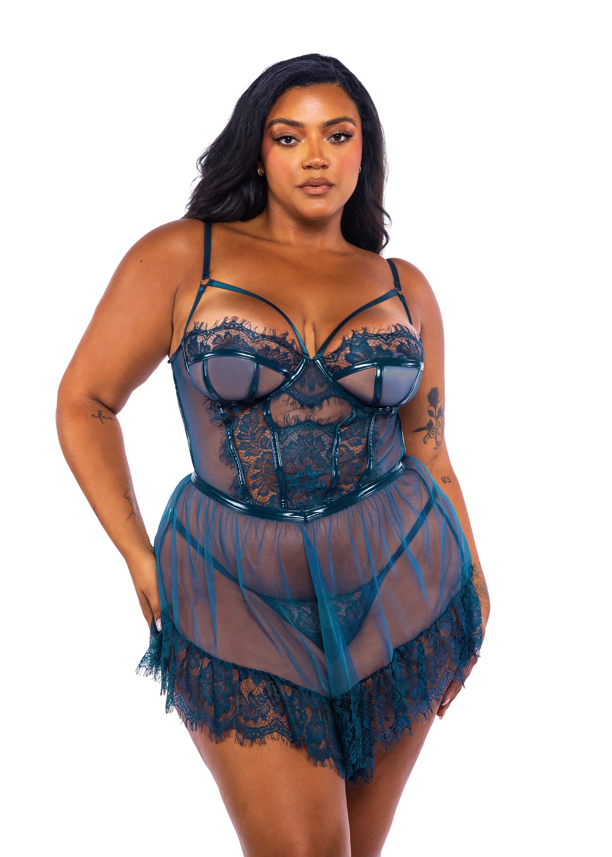 Roma Confidential Queen Eden Eyelash Lace Sheer Mesh Babydoll Set Teal Blue