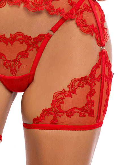 Roma Confidential Queen Embroidery Baroque Heart Chaps Bra Set Red