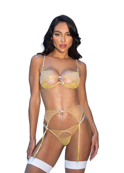 Roma Confidential Gilded Beauty Lurex Knit Shimmer Bling Garter Bra Set Gold