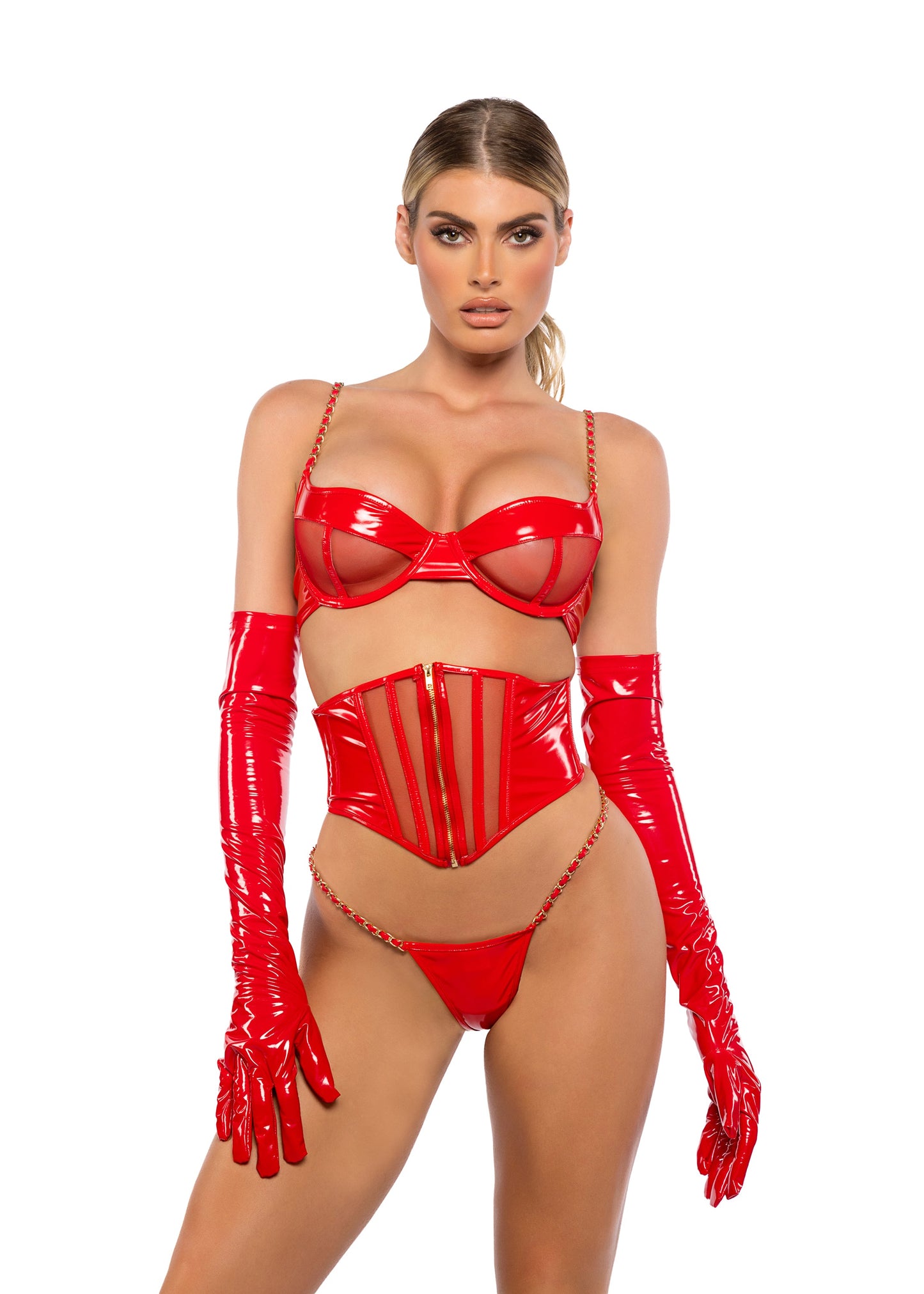 Roma Confidential Midnight Minx Wet Look Waspie Balconette Bra Set Red