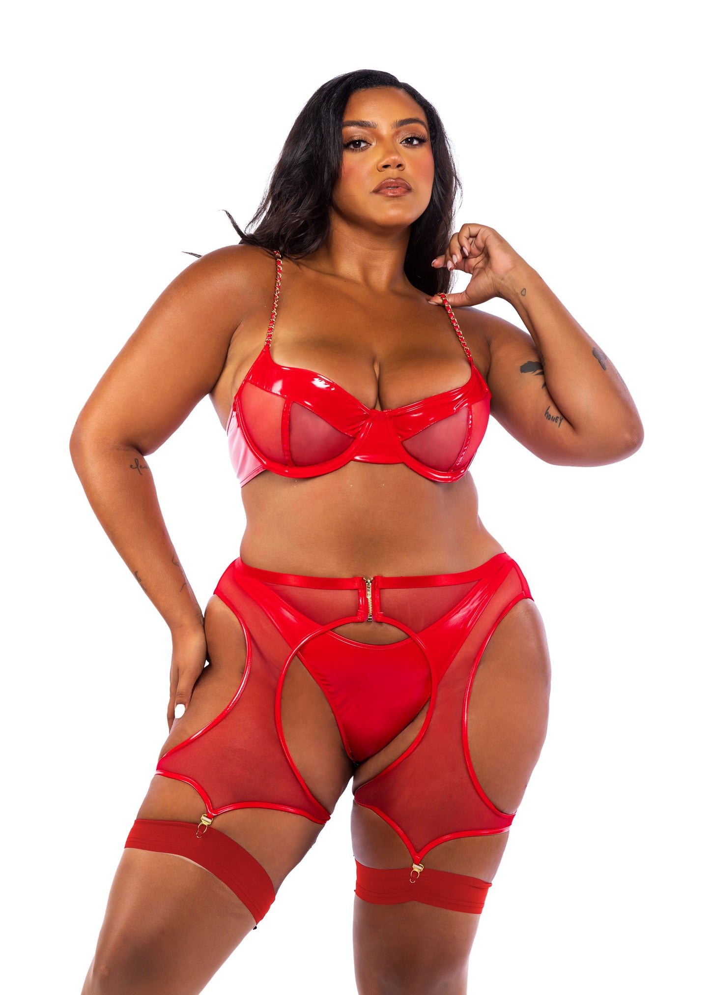 Roma Confidential Queen Midnight Minx Wet Look Chaps Balconette Bra Set Red