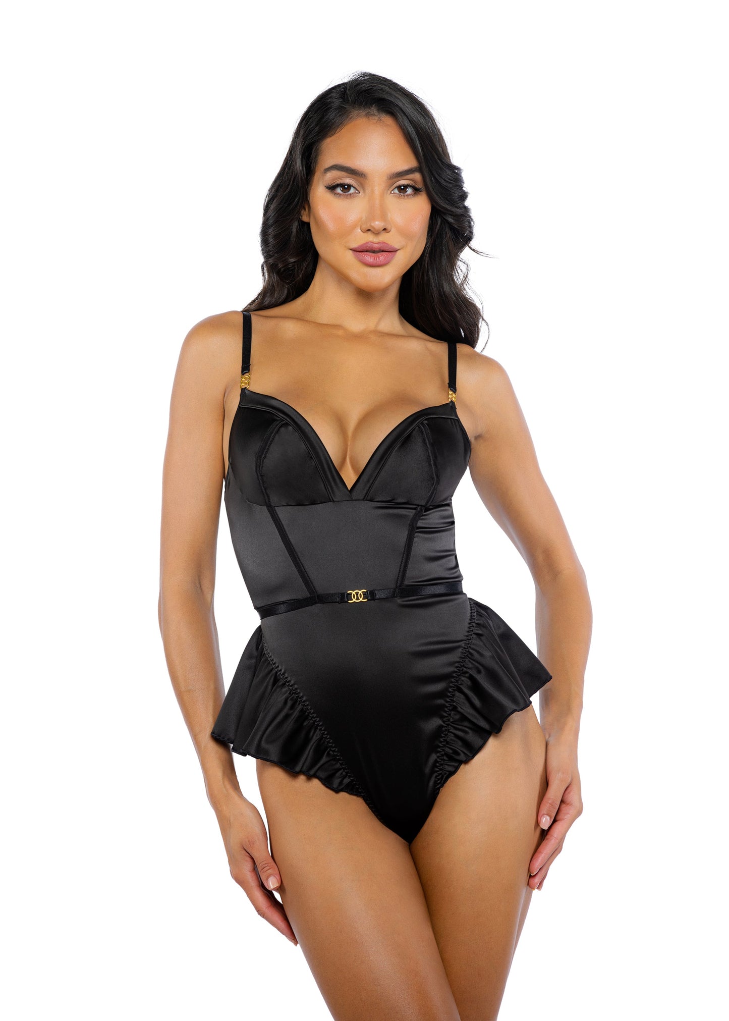 Roma Confidential Cleopatra Stretch Satin Sweetheart Peplum Romper Black