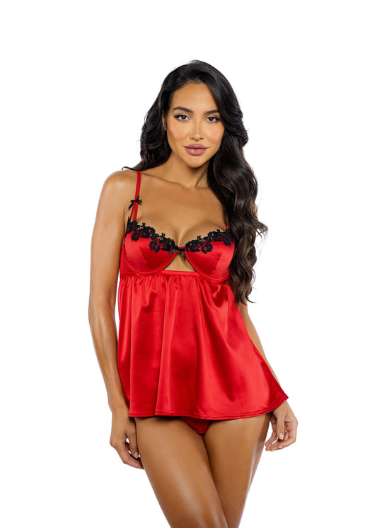 Roma Confidential Love & Lust Venise Lace Satin Babydoll Set Red