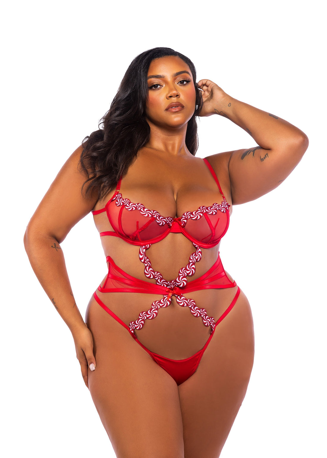 Roma Confidential Queen Plus Peppermint Kiss Embroidered Candy Mesh Satin Teddy Red