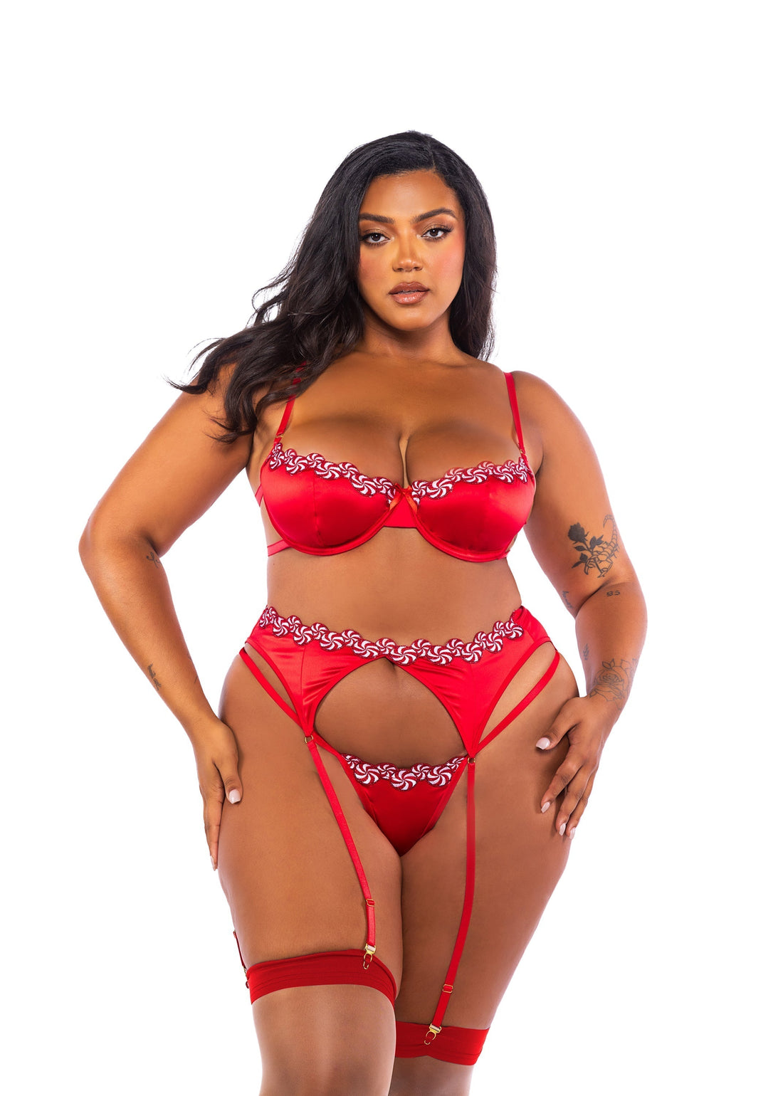 Roma Confidential Queen Plus Peppermint Kiss Embroidery Candy Satin Garter Bra Set Red