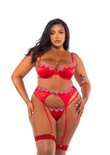 Roma Confidential Queen Peppermint Kiss Embroidery Satin Garter Bra Set Red-Rebel Romance