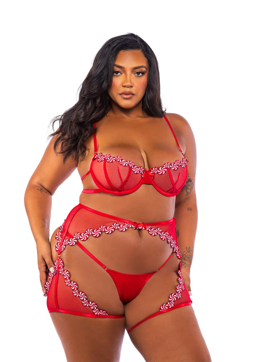 Roma Confidential Queen Peppermint Kiss Embroidery Candy Chaps Bra Set Red