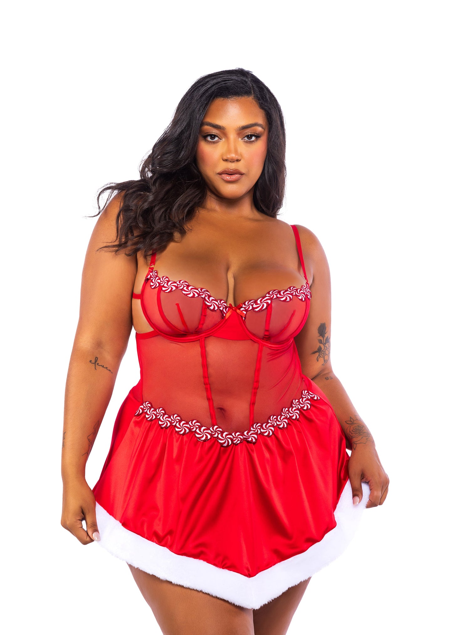 Roma Confidential Queen Peppermint Kiss Embroidery Candy Satin Babydoll Red