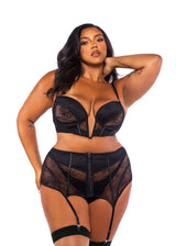 Roma Confidential Queen Belle Noir Chantilly Lace Satin Garter Skirt Bustier Set