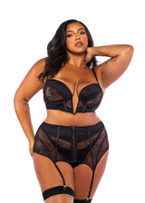 Roma Confidential Queen Belle Noir Chantilly Lace Satin Garter Skirt Bustier Set Black-Rebel Romance