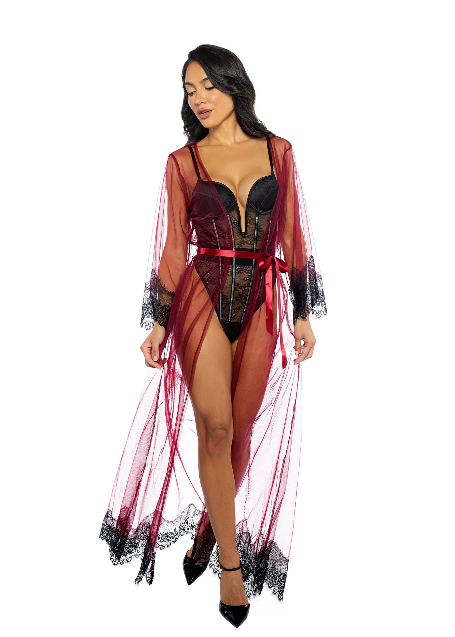 Roma Confidential Daydream Maxi Robe Eyelash Lace Sheer Mesh Red