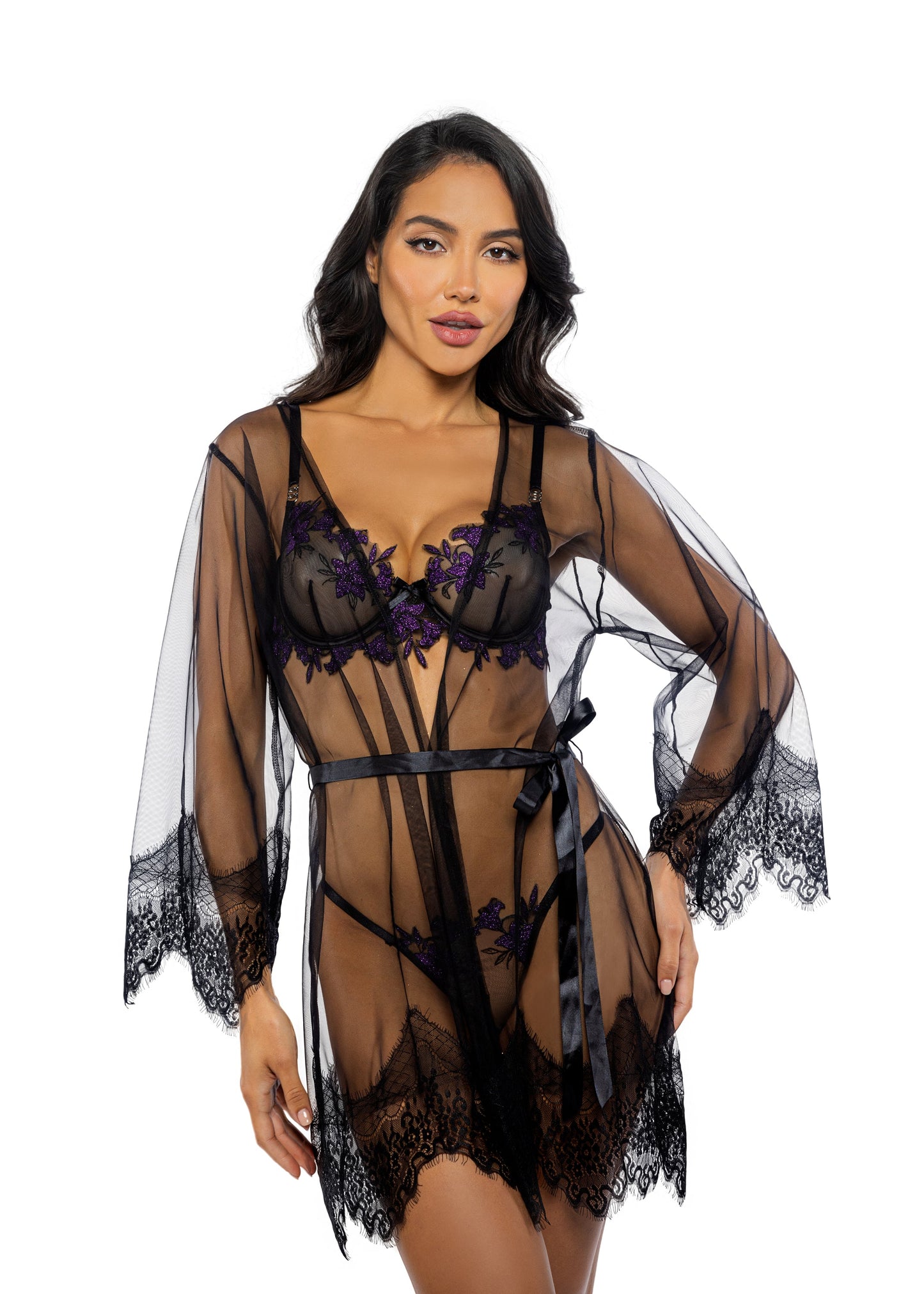 Roma Confidential Daydream Mini Robe Eyelash Lace Sheer Mesh Black