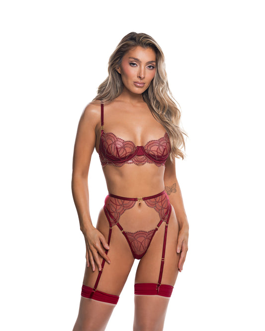 Roma Confidential Beaded Belle Garter Bra Set Metallic Wine Embroidery