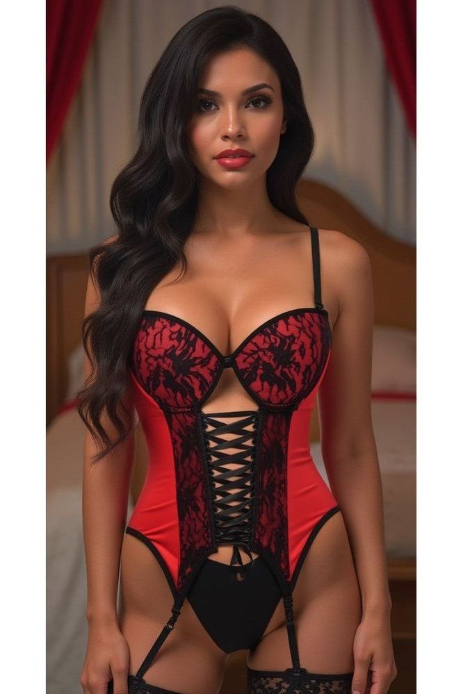 Daisy Lavish Red Black Lycra & Lace Hook & Eye Lace-Up Bustier Corset with Garters