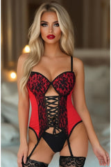 Daisy Corsets Lavish Red/Black Lycra & Lace Hook & Eye Lace-Up Bustier Corset w/Garters