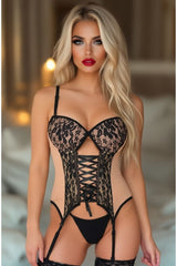 Daisy Corsets Lavish Nude/Black Lycra & Lace Hook & Eye Lace-Up Bustier Corset w/Garters