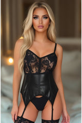 Daisy Corsets Lavish Black Wet Look & Lace Bustier Corset w/Garters